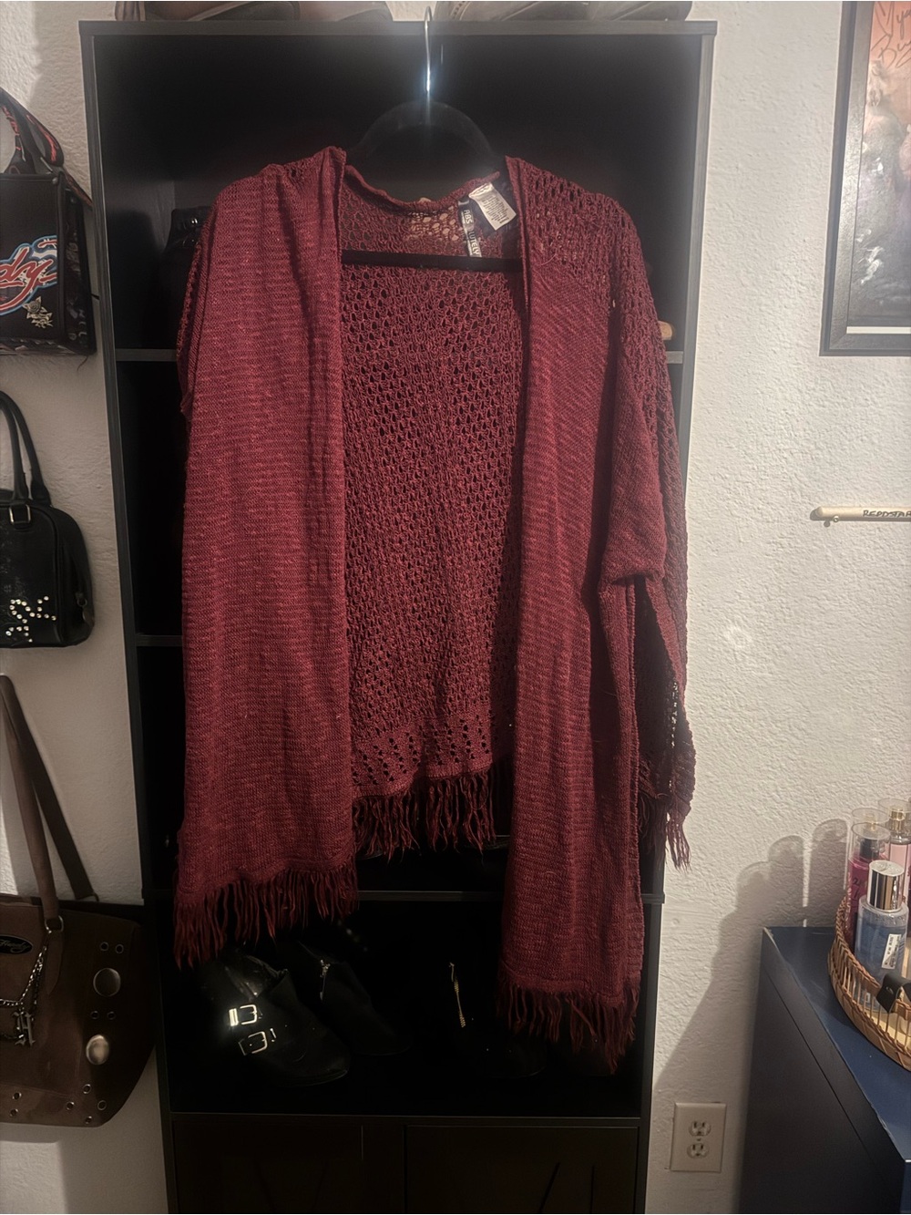 Absolutely Open-Front Fringe Knit Cardigan - Burgundy